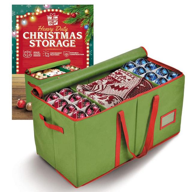 Holiday Cheer Premium Christmas Ornament Storage - Christmas Storage Container Perfect for Holiday Decorations and Ornament Storage Box - Fits 128 Holiday Ornaments - Tear-Proof Fabric (Green)