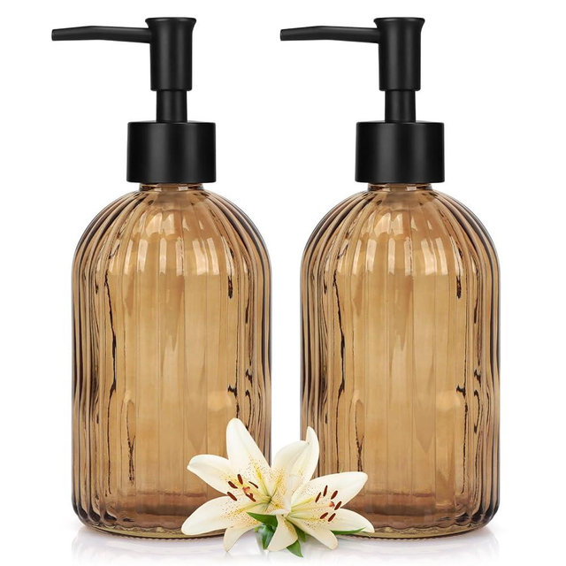Glass Soap Dispenser with Plastic Pump, Hand Soap Dispenser for Hand Wash, Lotion Dispenser for Dishwashing Liquid, Lotion Shower Gel (Striped Brown)