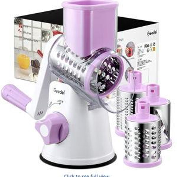 Geedel Rotary Cheese Grater, Kitchen Mandoline Vegetable Slicer with 3 Interchangeable Blades, Easy to Clean Rotary Grater Slicer for Fruit, Vegetables, Nuts