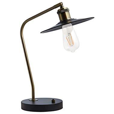 Rivet Task Table Lamp, Mid-Century Exposed Bulb, 16.5"H, With Bulb, Matte Black & Antique Brass