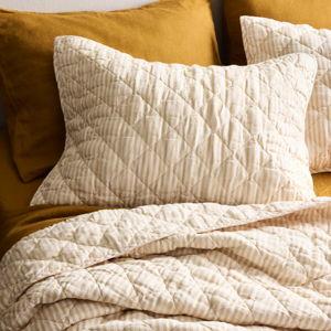 European Linen Stripe Quilted Sham Set in Natural/white Stripe