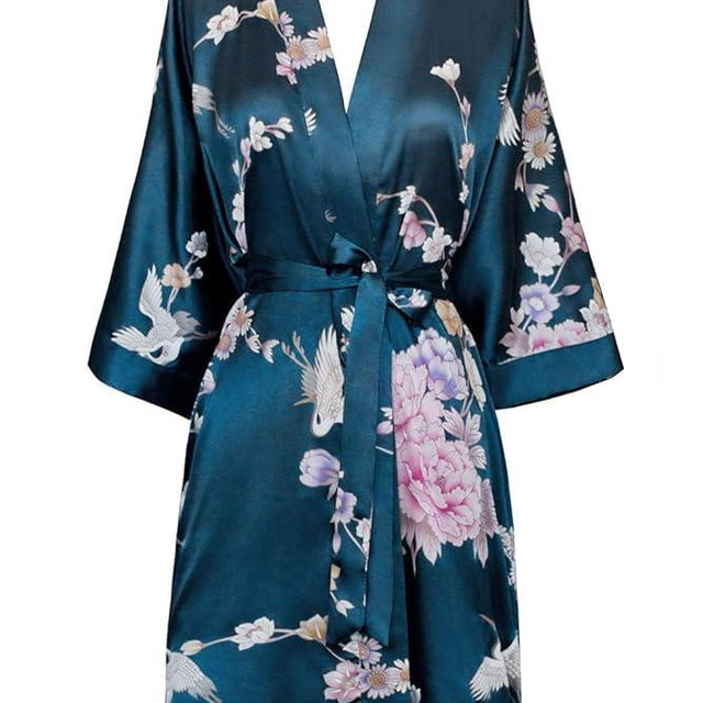 KIM+ONO Luxury Kimono Robe for Women | Short Satin Floral Robe | Original Design | Removable Waist Tie Closure