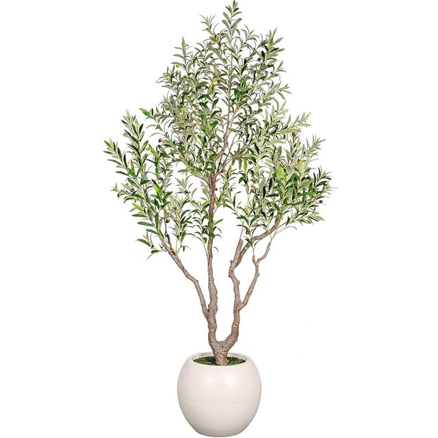 VIVATREES Olive Tree Artificial Indoor, 8FT Tall Faux Olive Tree with 16in Round White Planter, Artificial Plants with Natural Wood Trunk and Lifelike Fruits for Home Office Decor