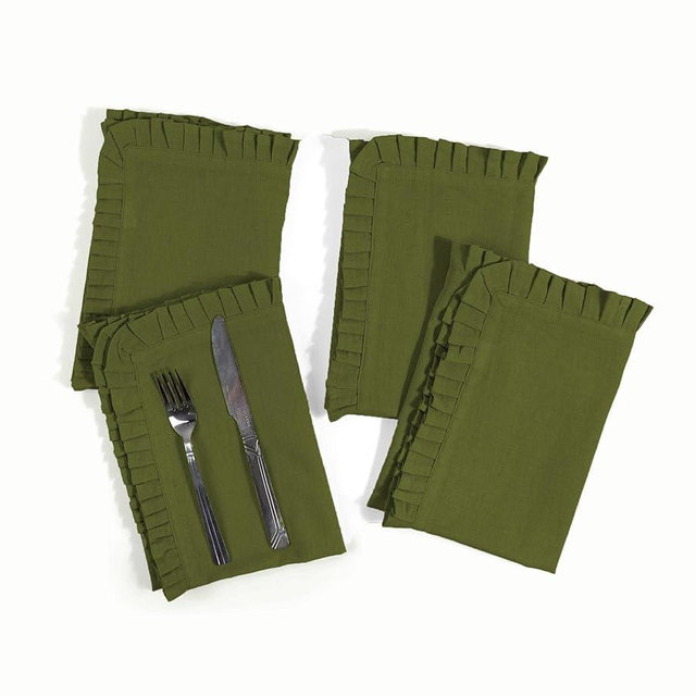 FINGERCRAFT Ruffle Cloth Napkins Set of 4 Natural Cotton Linen Dinner Napkins Cloth Soft Washable and Decorative Tablescape for Special Occasions Restaurant Parties Christmas Wedding Olive Green