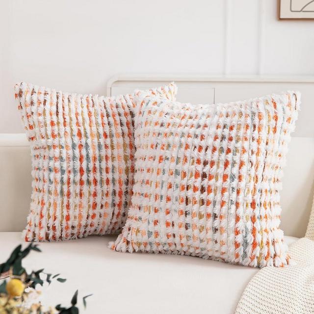CATOLAT Boho Throw Pillow Covers Set of 2-18x18 Inch Orange Farmhouse Boho Throw Pillows Chenille Fluffy Accent Pillow Cases Neutral Tufted Pillowcase Cushion Covers for Couch Living Room, Bed Sofa