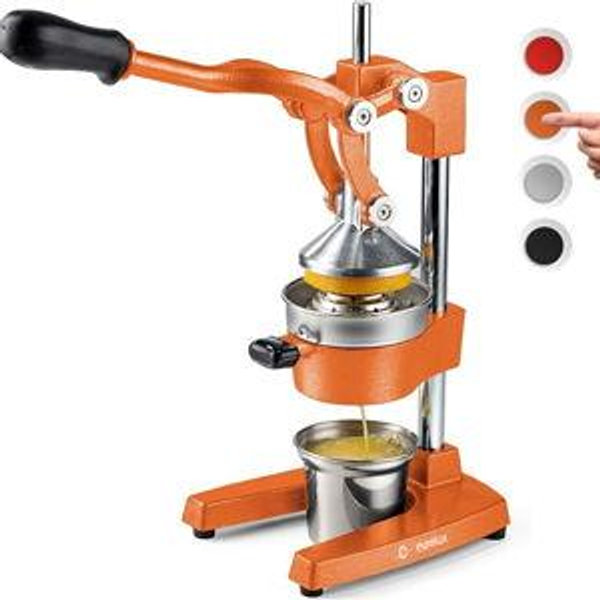 Eurolux Cast Iron Citrus Juicer | Extra-Large Commercial Grade Manual Hand Press | Heavy Duty Countertop Squeezer for Fresh Orange Juice (Bonus Stainless Steel Cup) (Orange)