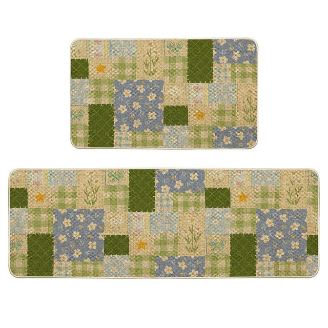 Artoid Mode Check Pattern Flowers Floral Spring Kitchen Mats Set of 2, Home Decor Low-Profile Kitchen Rugs for Floor - 17x29 and 17x47 Inch
