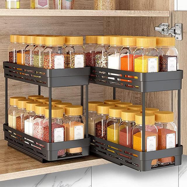 2 Packs Pull Out Spice Rack Organizer for Cabinet, Durable Slide Out Spice Racks Organizer, Easy to Install Spice Cabinet Organizers, 4.33''Wx10.43''Dx7.87'H, 2 Tier - Each Tier Can Hold 10 Spice Jars