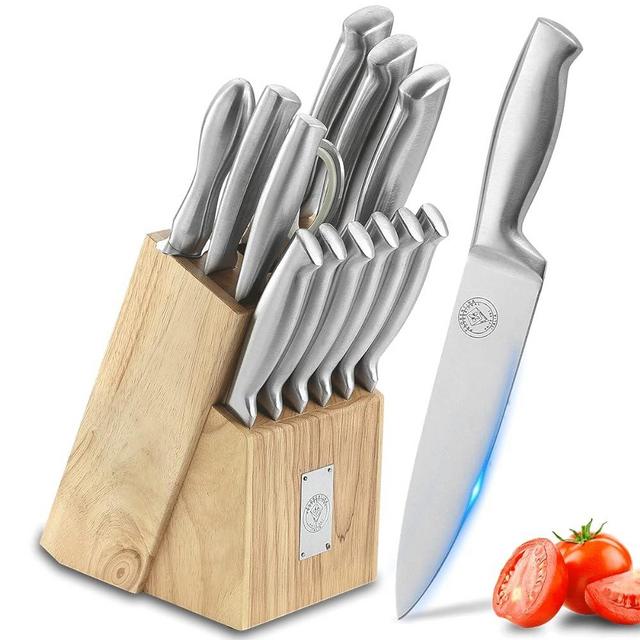 Wanbasion Kitchen Knife Set with Block and Sharpener, German Stainless Steel Knives Set for Kitchen, Chef Knife Sets for Kitchen with Block Steak Knives Scissors Dishwasher Safe Silver 14 Piece