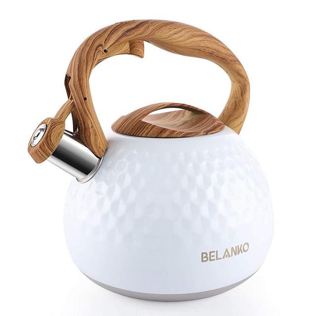 Tea Kettle, 2.7 Quart BELANKO Teapot Whistling Kettle with Wood Pattern Handle Loud Whistle, Food Grade Stainless Steel Tea Pot for Stovetops Induction Diamond Design Water Kettle - Gloss White