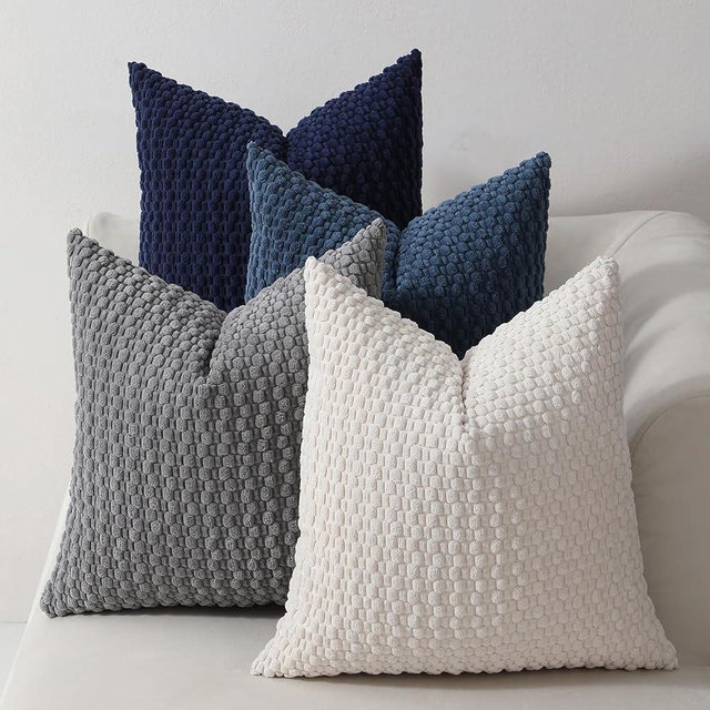 XSlive Pack of 4 Blue Couch Throw Pillow Covers 16x16 Inch, Soft Coastal Accent Decorative Cushion Cover, Striped Corduroy Square Modern Pillow Case for Sofa Living Room Bed(Blue,16"x16")