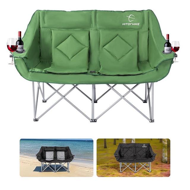 HITORHIKE Double Camping Chair Heavy Duty Oversized Folding Loveseat Camping Chair - Single/Double, All-Season Design with Cup Holder for Camping, Picnic, Beach