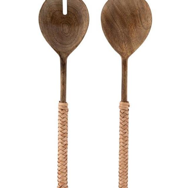 Leather Woven Handle Salad Servers