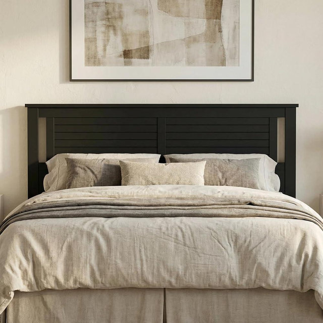 ComfIQ Serene Solid Wood Panel Headboard with Horizontal Scoring, King Size, Black, Easy Assembly, Quality Materials