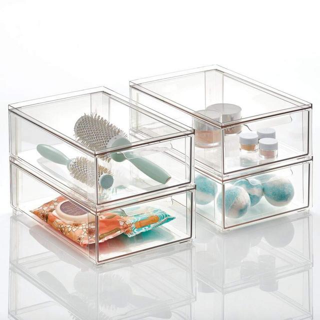 mDesign Plastic Stackable Bathroom Storage Box with Pull-Out Drawer - Container for Organizing Hand Soaps, Body Wash, Shampoos, Lotion, Conditioners, Hand Towels, Hair Accessories - 4 Pack - Clear