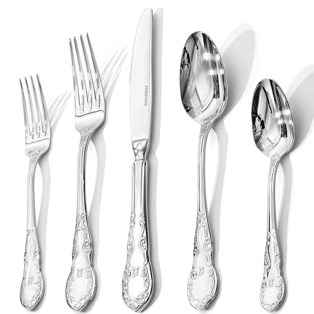 KINGSTONE 30-Piece Premium Silverware Set, 18/10 Stainless Steel Flatware Set for 6 with Bloom-Embossed Handles, Design Mirror Polished, Utensil Sets for Home Restaurant Wedding，Dishwasher Safe