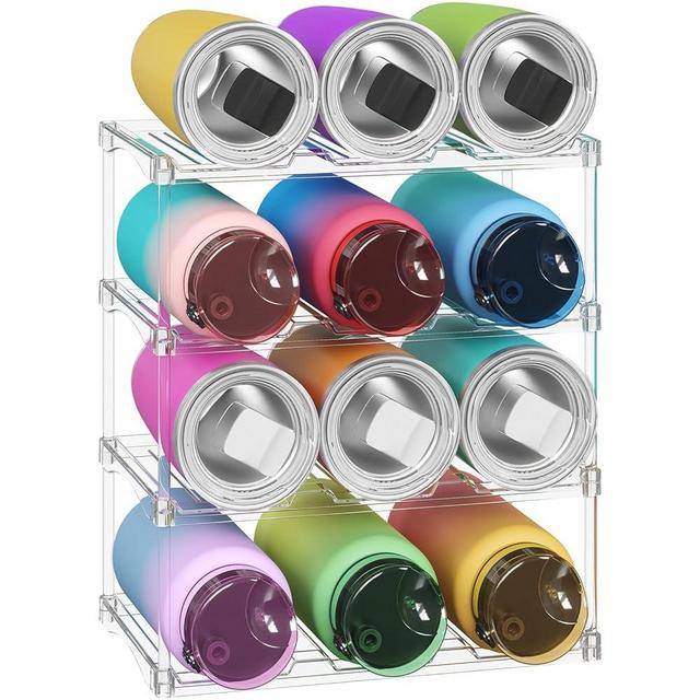 Lifewit Stackable Bottle Storage Organizer, Clear Freestanding Wine Holder for Cabinet, Large Slot Water Bottle Tumbler Cup Organizer for Pantry, Plastic Wine Rack for Fridge Cellar, 4Tier Hold 12