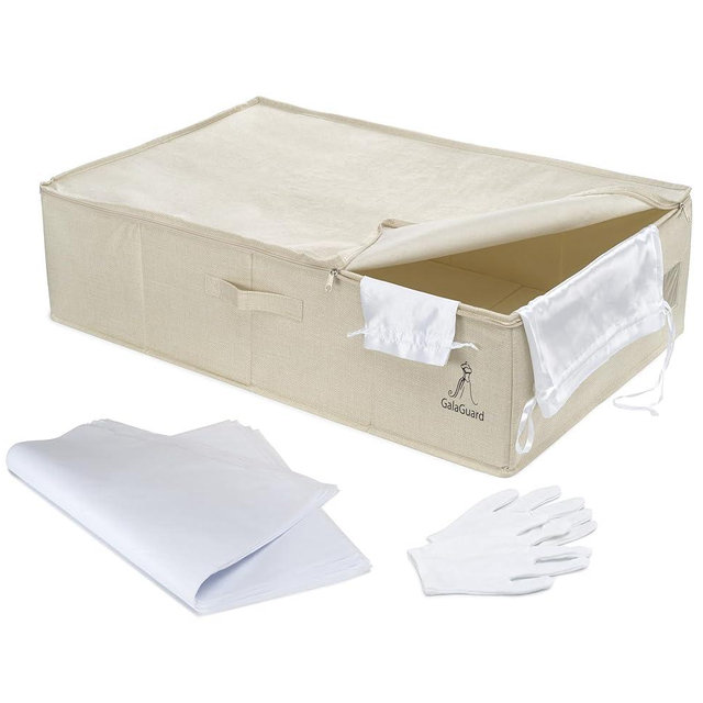 GalaGuard Wedding Dress Preservation Kit – Large Beige Storage Box with 15 Big Size Acid-Free Tissue Papers, Cotton Gloves, and two different size Drawstring Bags for Bridal Gown and Dress Protection