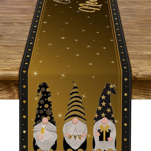 Happy New Year Gnome Table Runner 2027 Black and Gold Christmas Winter Holiday Celebration Kitchen Dining Home Decorations