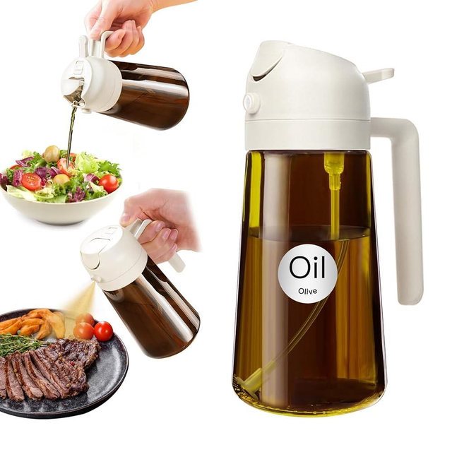 YARRAMATE 16oz/470ml Light Blocking Oil Sprayer for Cooking with Stickers, Food-Grade 2 in 1 Olive Oil Dispenser Bottle for Kitchen, Premium Dark Amber Glass Oil Bottle for Air Fryer, BBQ(White)