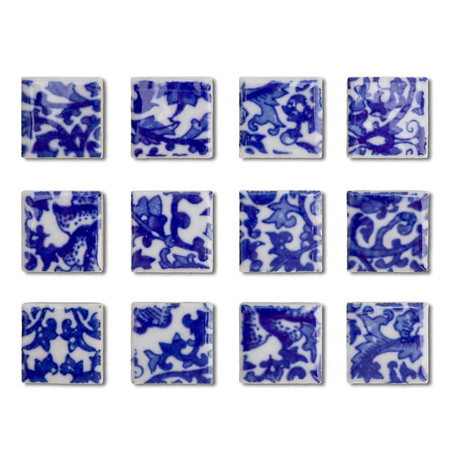 12 Pcs of Blue and White Porcelain Mosaic Refrigerator Magnets,Branch and Leaf Patterns for Photos and Notes on Offices, Kitchens Storage Cabinets Refrigerators Storage Cabinets and Whiteboards 08#