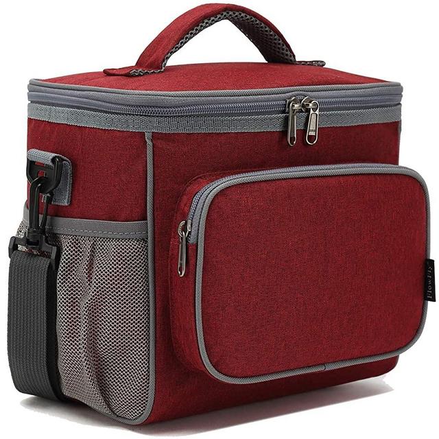 FlowFly Insulated Reusable Lunch Bag Adult Large Lunch Box for Women and Men with Adjustable Shoulder Strap Front Zipper Pocket and Dual Large Mesh Side Pockets, Red