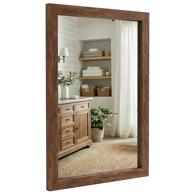 Pocetry 24" x 36" Walnut Brown Wall Mirror for Living Room, Rustic Mid-Century Modern Decor Mirror, Waterproof Wood Tone Vanity Mirror for Over Sink, Wide Trim