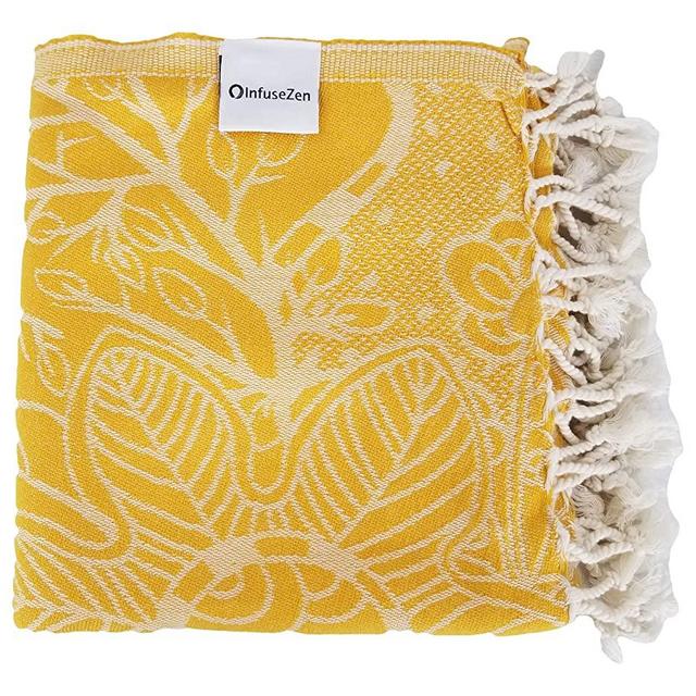 InfuseZen Flower Print Turkish Towel with Polka Dots - Extra Large Thin and Lightweight Floral Peshtemal Hammam, Beach or Bath Fouta Towel - Reversible 100% Cotton Pool Gym Towel (Yellow)