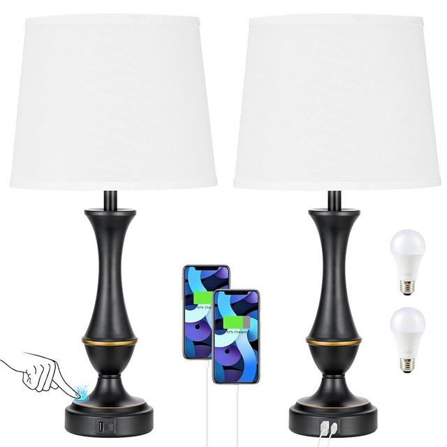 Touch Lamps for Bedrooms Set of 2 - Nightstand Table Lamp with USB C+A, 3 Way Dimmable Bedside Lamps for Living Room End Tables Set of 2, Farmhouse Night Stand Lamps for Bed Side Guest Room(White)