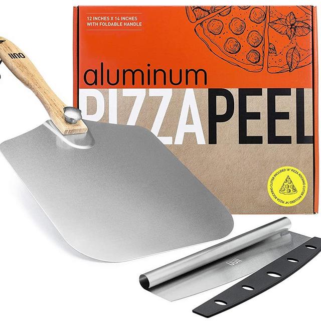 OUII Aluminum Pizza Peel 12''x14'' and Pizza Cutter 14'' Rocker Style Blade. Metal Pizza Spatula Long Handle, for Indoor and Outdoor Pizza Oven. Pastry, Dough, Bread Peel and Rocker Knife Pizza Tools