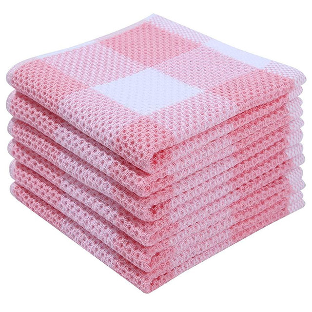 100% Cotton Check Plaid Kitchen Dish Cloths, 6 Pack Waffle Weave Dish Towels for Drying Dishes Ultra Soft Absorbent Kitchen Towels Perfect for Household and Kitchen Decor, 12 X 12 Inch, Pink Check