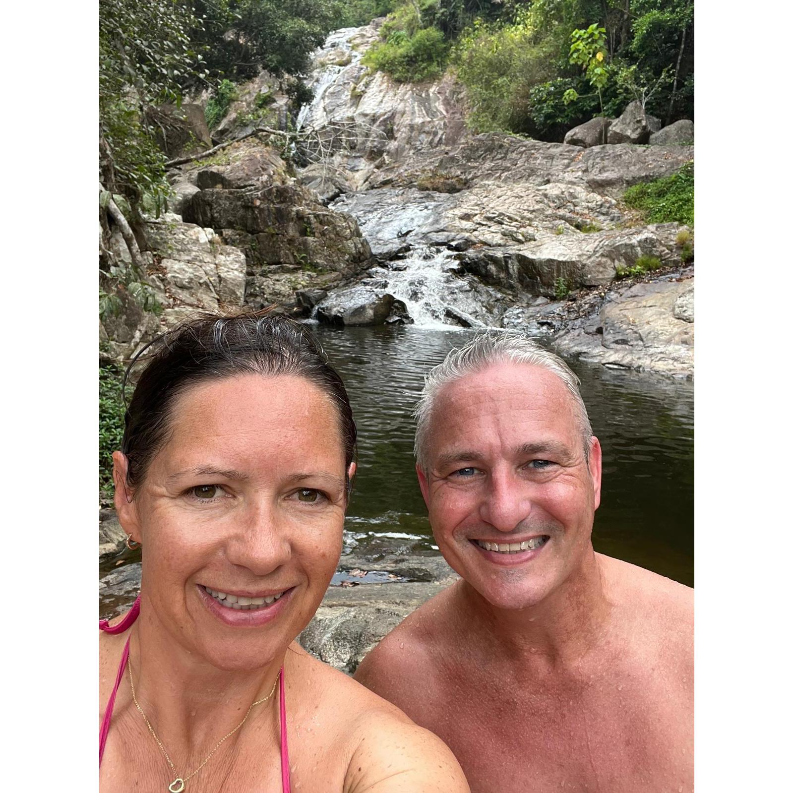 After we just got engaged at the Waterfall in Thailand