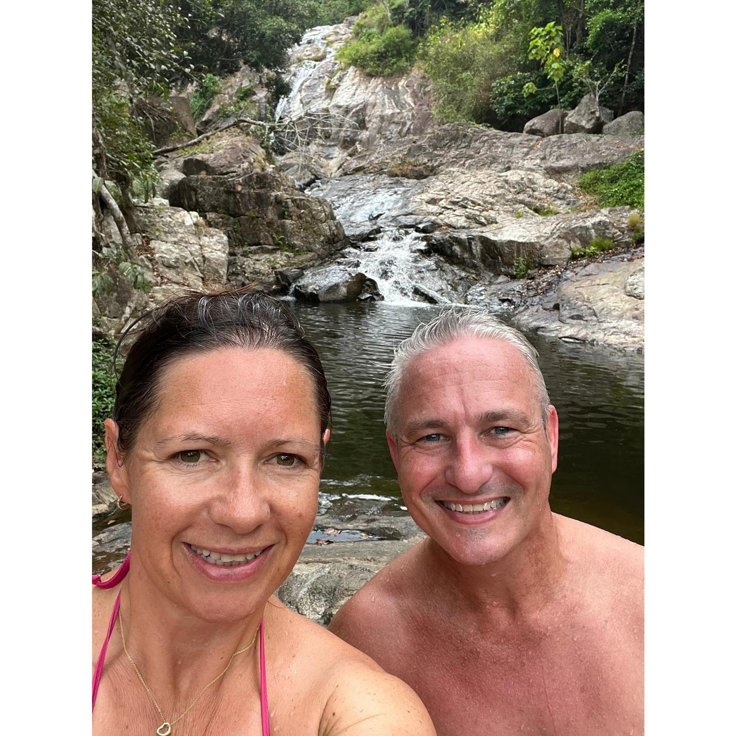 After we just got engaged at the Waterfall in Thailand