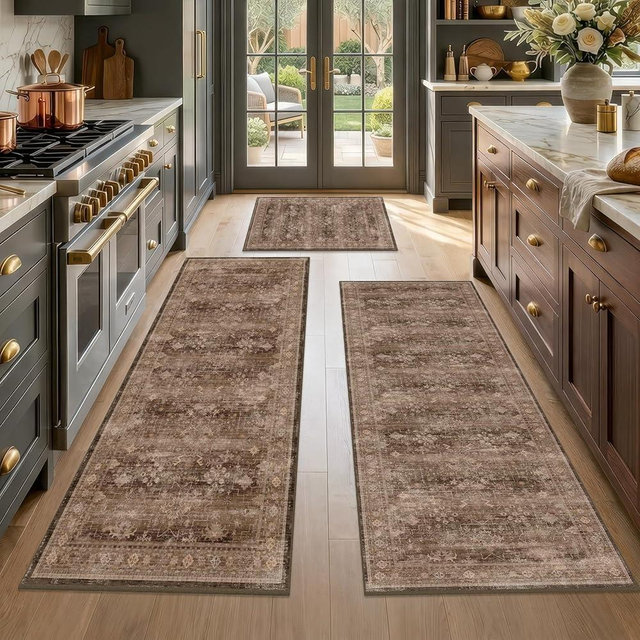 JTJ Brown Kitchen Rug Sets of 3, Farmhouse Washable Non-Slip Low Pile Floor Mats, Distressed Runner Rugs for Kitchen Sink, Hallway and Laundry Room