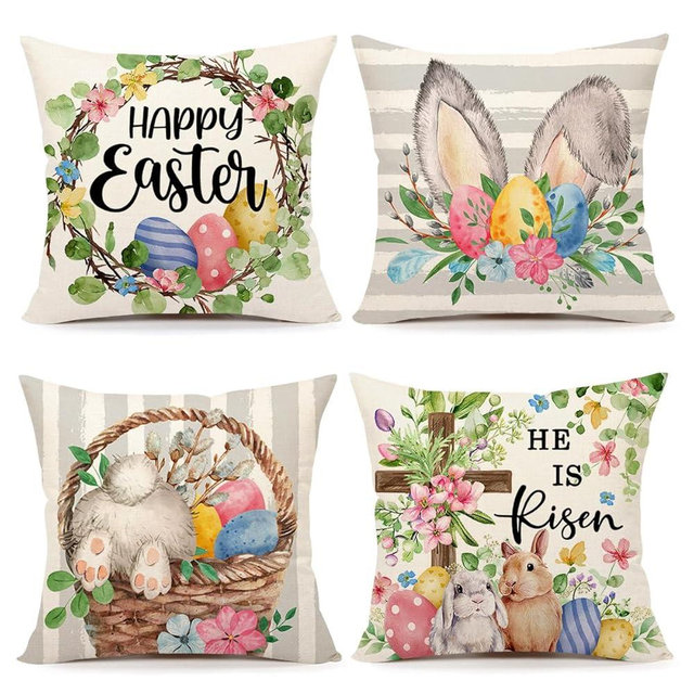 4TH Emotion Gray Easter Pillow Covers 18x18 Set of 4, He is Risen Bunny Floral Eggs Farmhouse Decorations Spring Holiday Decor Throw Cushion Case for Home Couch TH211