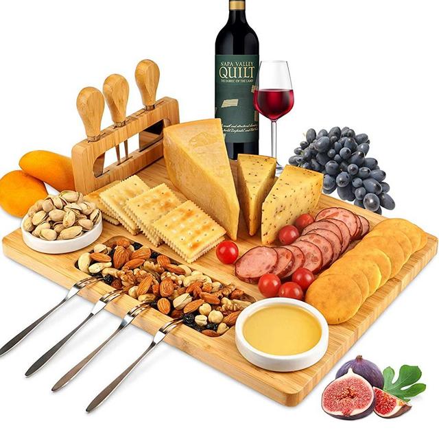 ROYAMY Bamboo Cheese Board Set with 3 Stainless Steel Knife, Meat Charcuterie Platter Serving Tray, Perfect Choice for Wedding Birthdays Party Anniversary Housewarming Gift