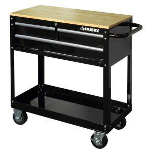 36 in. 3-Drawer Rolling Tool Cart with Wood Top, Black