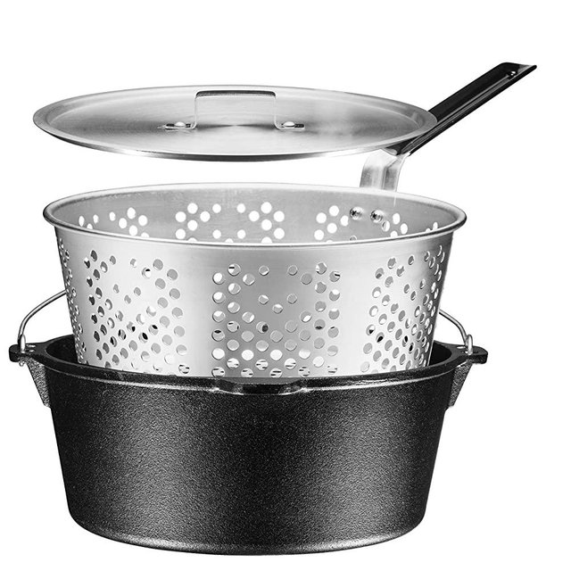 Pre-Seasoned Cast Iron Fish Fryer 9 Quart Stock Pot Dutch Oven with Aluminum Basket & Lid Rugged Cast Iron Deep Fryer, Camping Cookware Fry Pot with Wired Hanging Handle for Open Fire Cooking