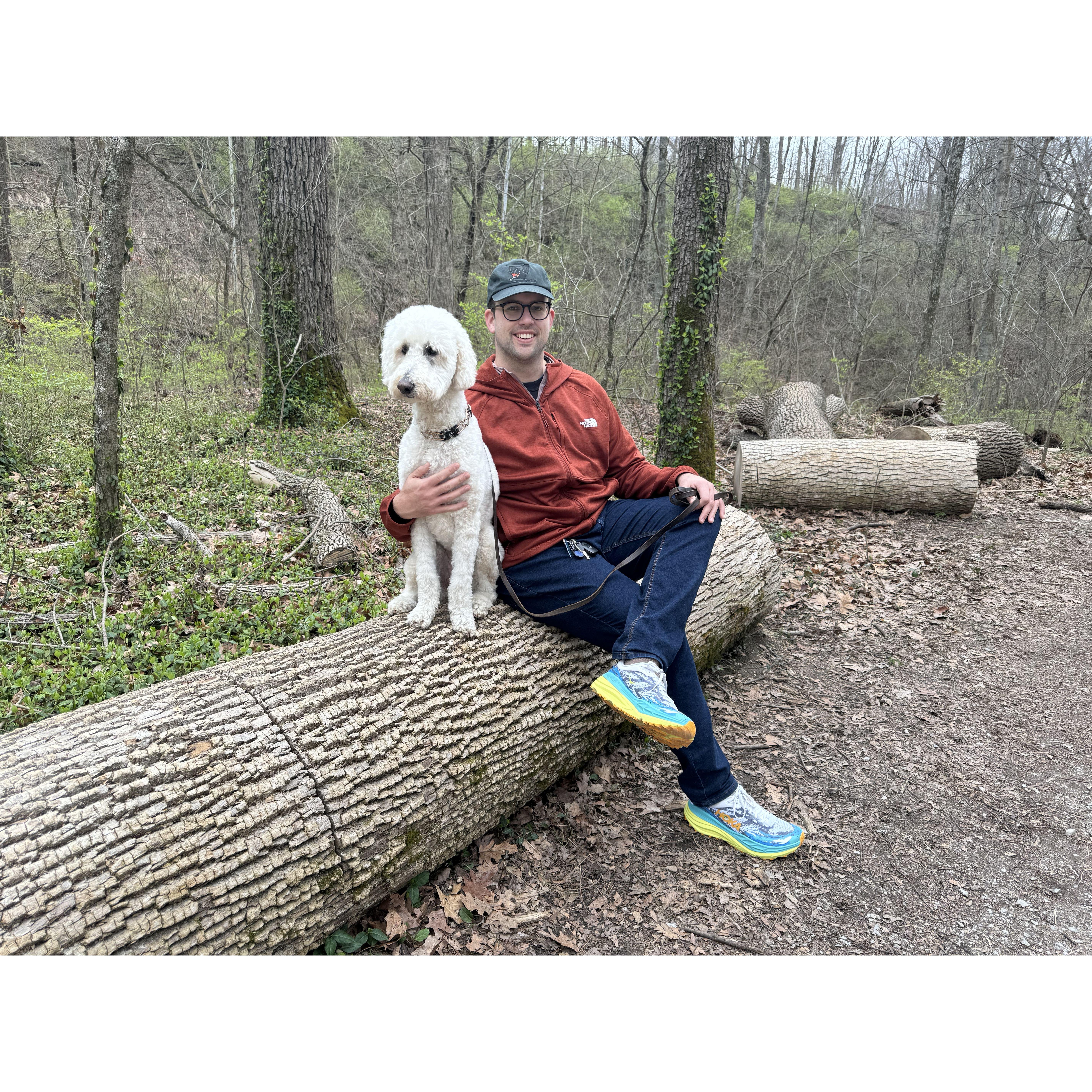 Bodhi and Addison on a log at Sharonville Park, Ohio 2023