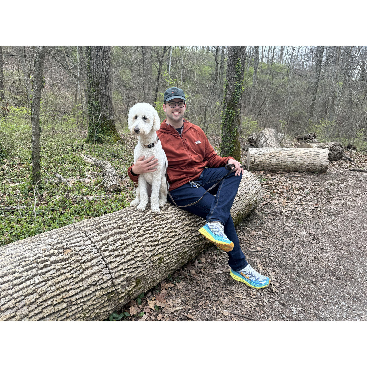 Bodhi and Addison on a log at Sharonville Park, Ohio 2023