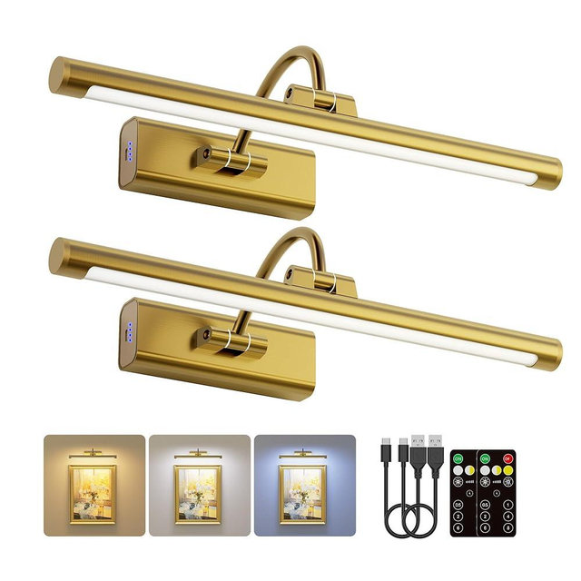 Craftersmark 2 Pack 16" Brass Picture Art Lights - 6000mAh Rechargeable Battery Powered Wireless Lighting for Home Gallery, Office, Living & Bedroom