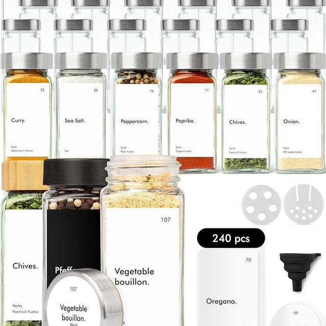 KIVY Glass Spice jars with Label & Shaker Lids [24x 4oz] Airtight Seasoning Containers for Cabinet & Drawer - Empty Spice Bottles - Seasoning jars with labels - Spice jars with stainless steel lids