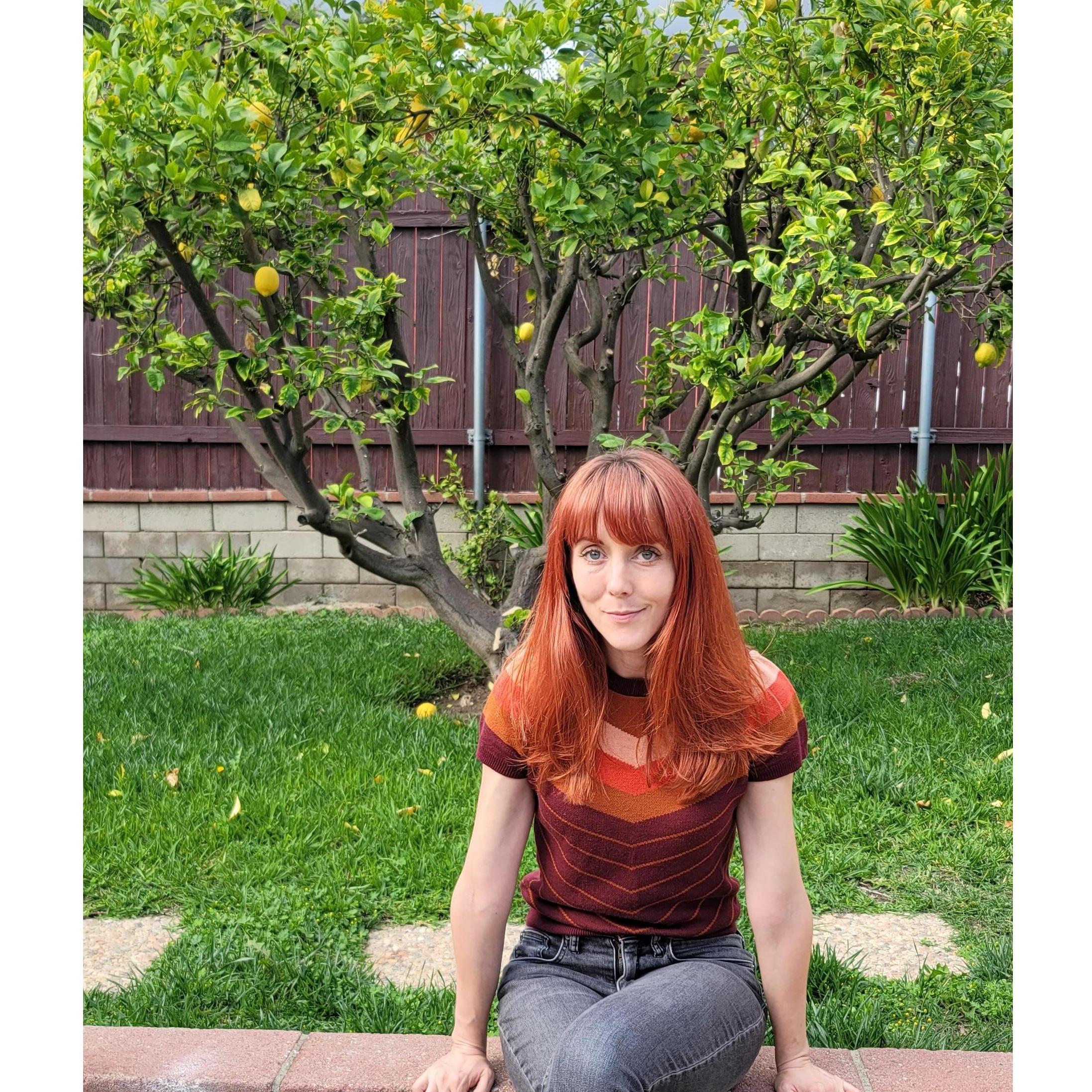 Erin in the back yard of the place we moved into in Altadena