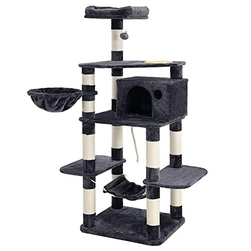 FEANDREA 63.8 inches Sturdy Cat Tree with Feeding Bowl, Cat Condos with Sisal Poles, Hammock and Cave, Padded Platform, Climbing Tree for Cats, Extra Large, Anti-toppling Devices