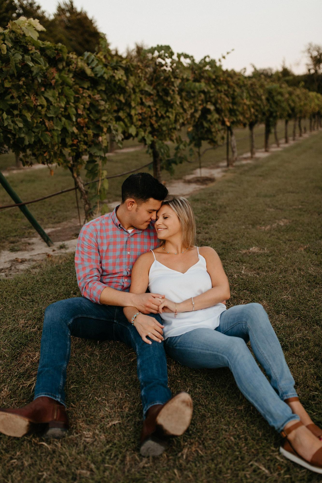 Engagement photos taken at Mitas Hill Vineyard in McKinney, TX