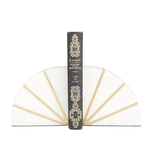 CosmoLiving by Cosmopolitan Marble Geometric Decorative Bookends 9 lbs Non Skid Bookends with Gold Inlay, Set of 2 Office Bookends5"W, 5"H, White