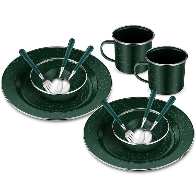 Nuogo 12 Pcs Enamel Camping Tableware Set Dinnerware Kit Includes 12 oz Coffee Mugs Camping Plates Bowls and Utensils Set with Knife Fork Spoon for 2 People Hiking Picnic Outdoor