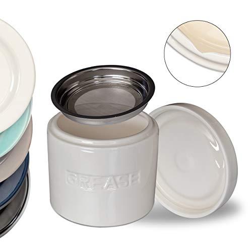Ceramic Grease Container Keeper with Metal Stainless Steel Strainer and Lip for Easy Pour (Ivory)