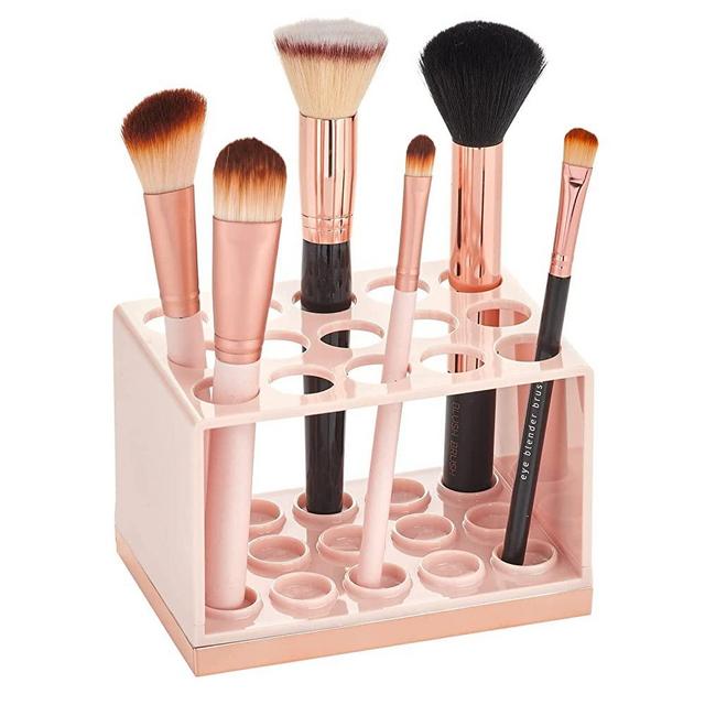 mDesign Plastic Makeup Brush Storage Organizer with 15 Slots for Bathroom Countertop, Vanity to Hold Eye/Lip Pencils, Lip Gloss, Liners, Lipstick - Light Pink/Rose Gold