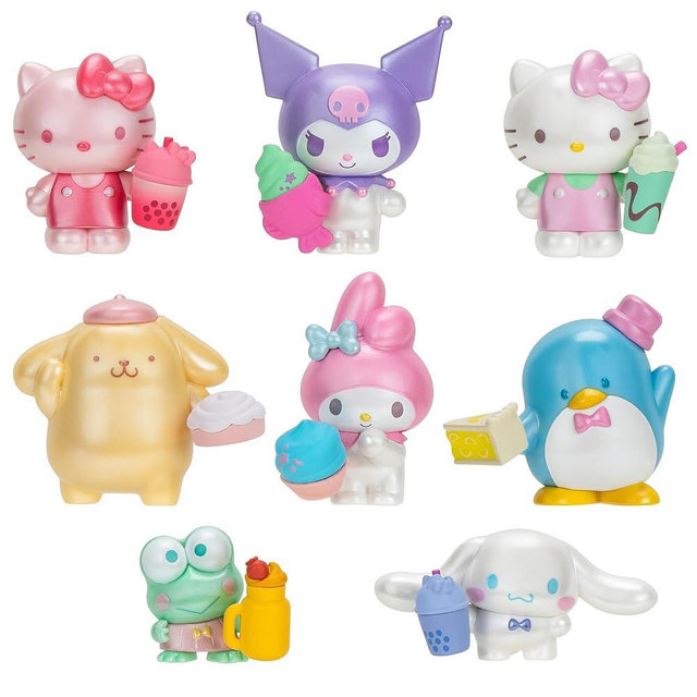 Hello Kitty and Friends Sweet Snacks 8-Pack with Mix and Match Sweet Accessories - 2” Figures - Hello Kitty, My Melody, Kuromi, Cinnamoroll, Pompompurin, Keroppi, and Tuxedosam